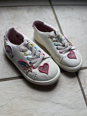 Kids White Sneakers with Pink Heart & Rainbow Embellishments